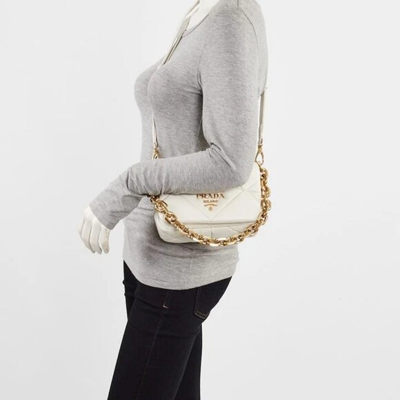 Prada Handbags - Prada White Nappa Patchwork Quilted Leather Small System Flap Bag